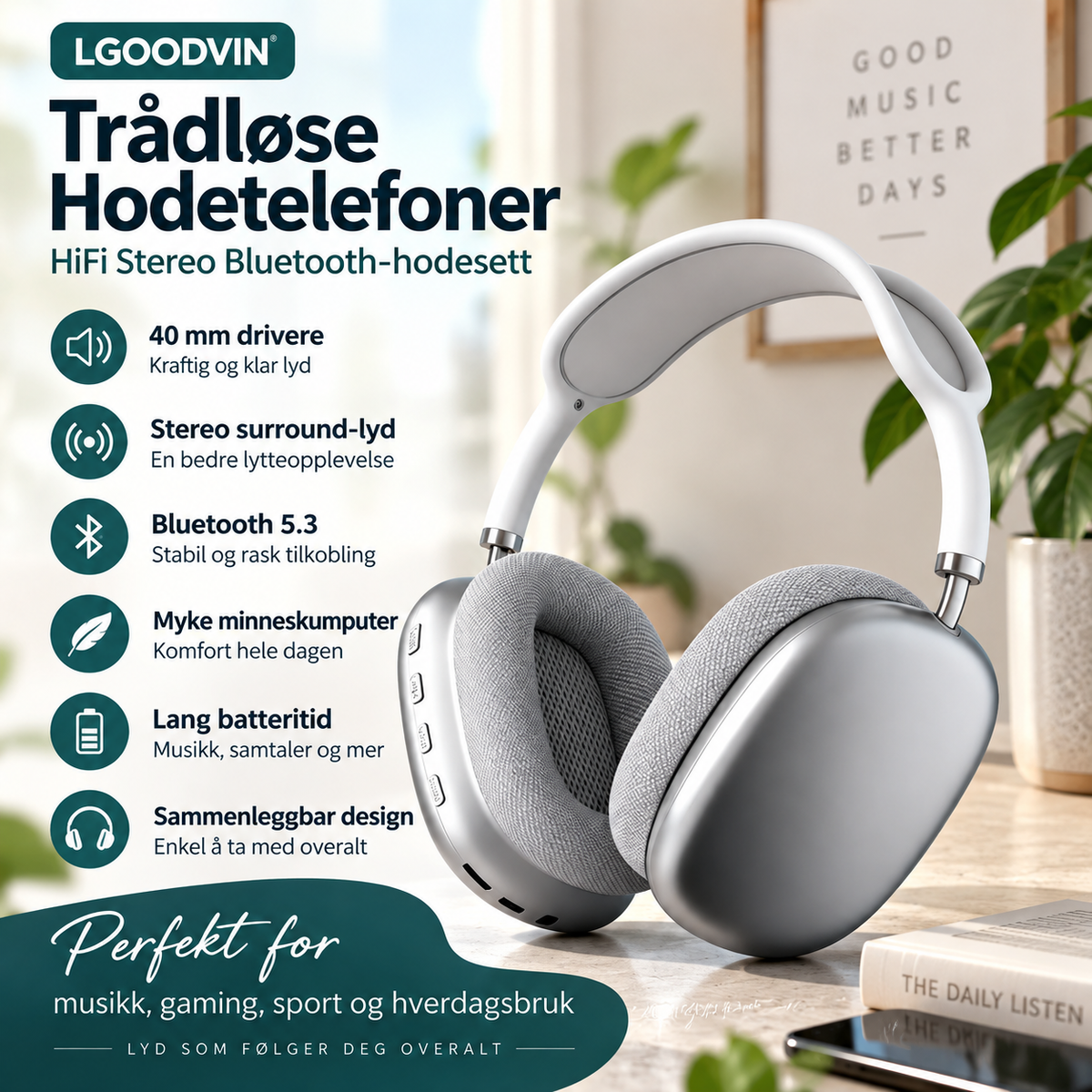 Trådløse Støjreducerende Hovedtelefoner med Bløde Ørepuder