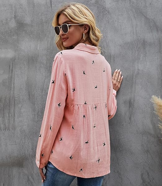 Dame Casual Bluse i Ensfarvet og med Fugleprint