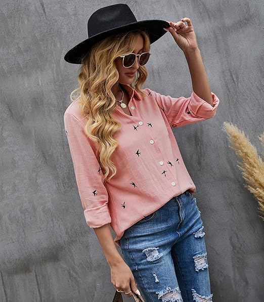 Dame Casual Bluse i Ensfarvet og med Fugleprint