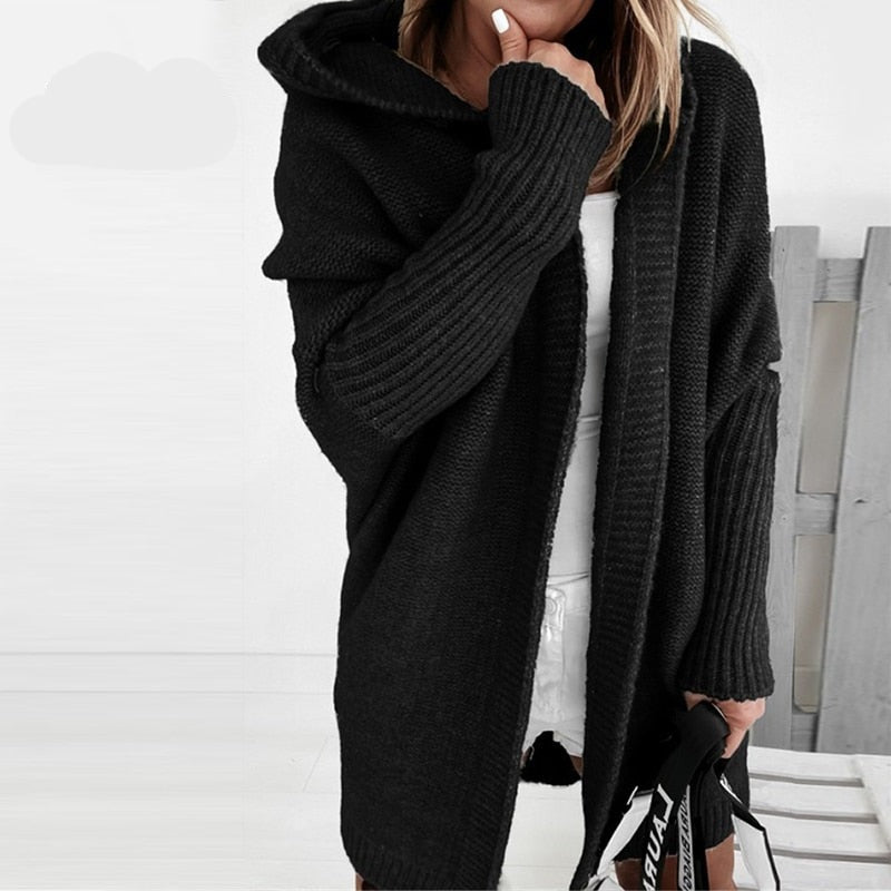 Dame Oversized Cardigan med Hætte og Flagermusærmer