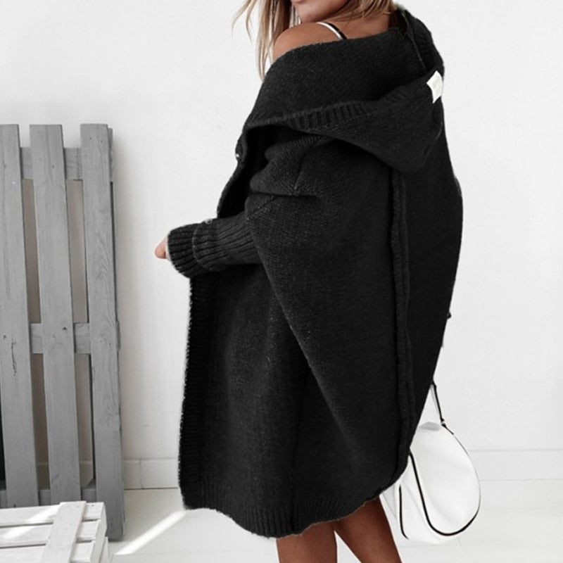 Dame Oversized Cardigan med Hætte og Flagermusærmer