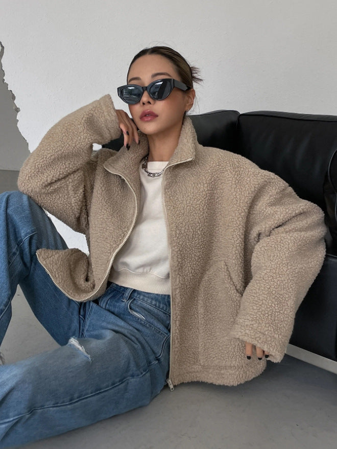 Dame Oversized Fleecejakke med Ståkrave og Lynlås