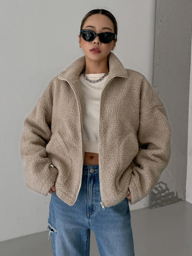 Dame Oversized Fleecejakke med Ståkrave og Lynlås