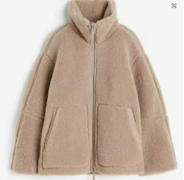 Dame Oversized Fleecejakke med Ståkrave og Lynlås