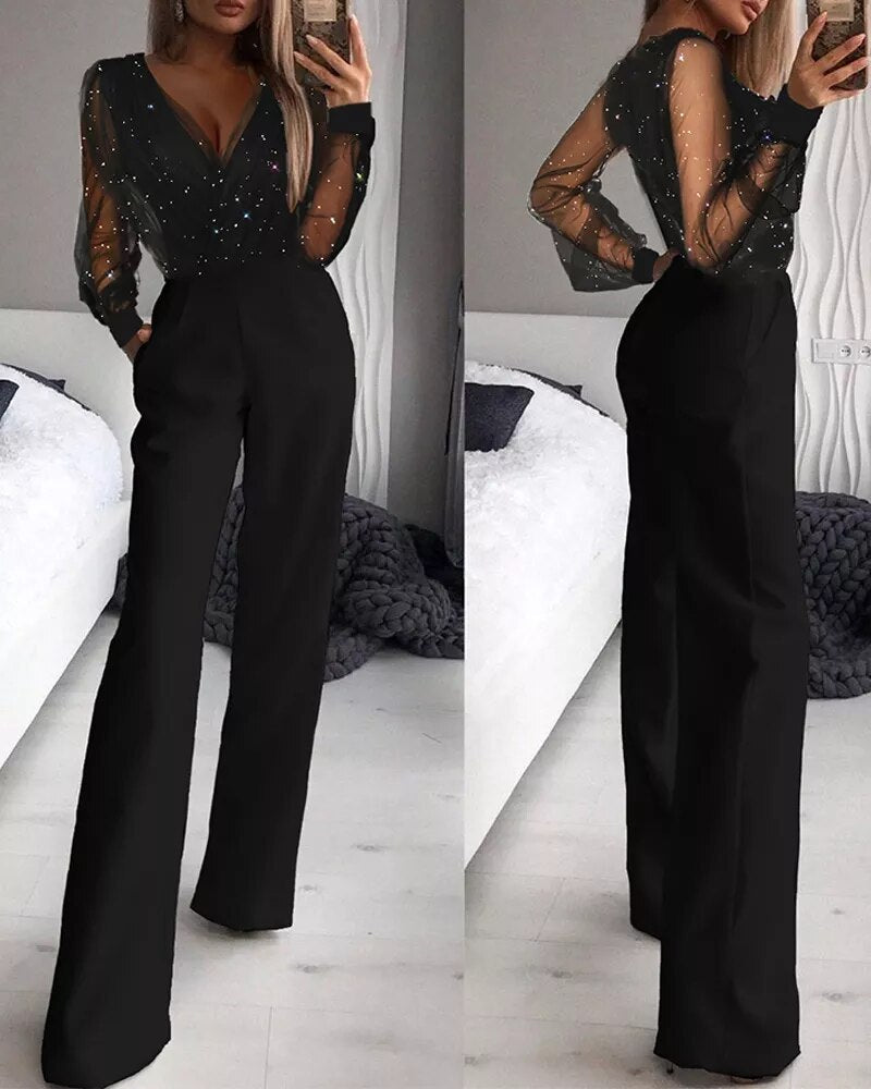 Dame Afslappet Ensfarvet Jumpsuit i Sort til Forår og Efterår