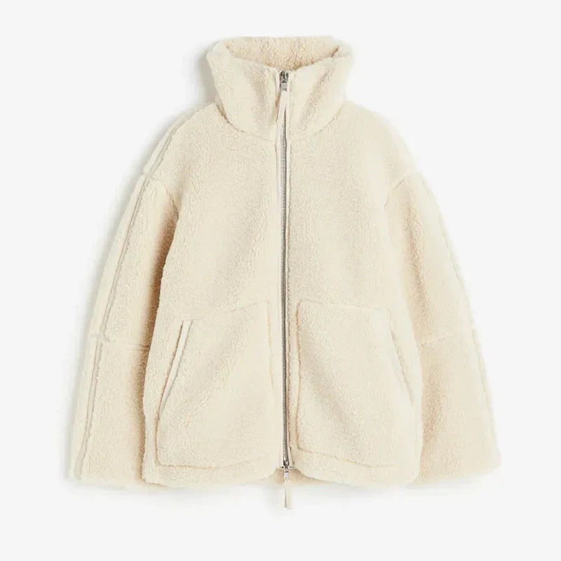 Dame Oversized Fleecejakke med Ståkrave og Lynlås