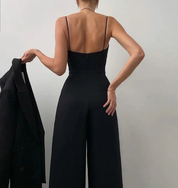 Dame Jumpsuit med Stropper og Vide Ben i Bomuldsblanding