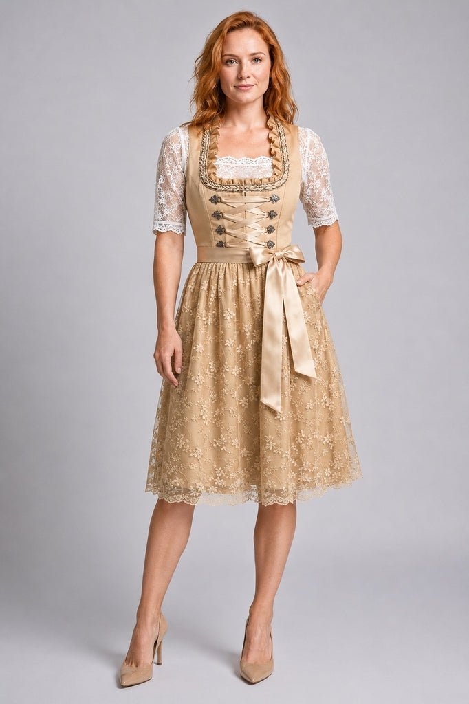 Dame Dirndl Kjole med Snøreliv og Blondebluse