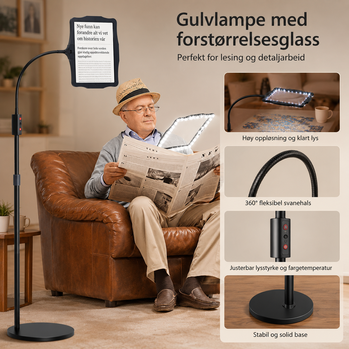 Gulvlampe med Forstørrelsesglas og Fleksibel Svanehals