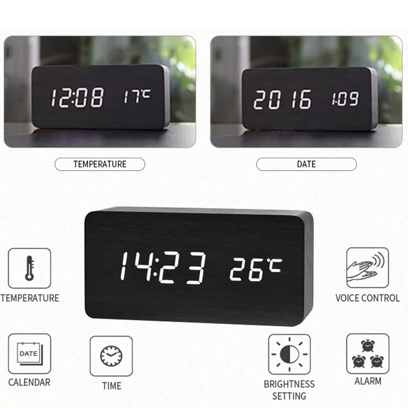 Digitalt LED Vækkeur i Trælook med Temperaturvisning