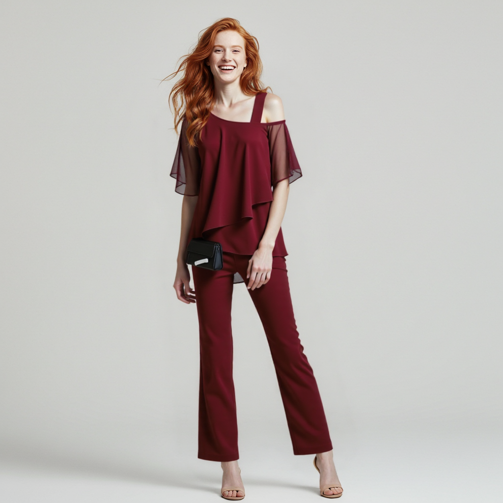 Dame Elegant Todelt SĂŠt med Cold Shoulder Bluse og Bukser