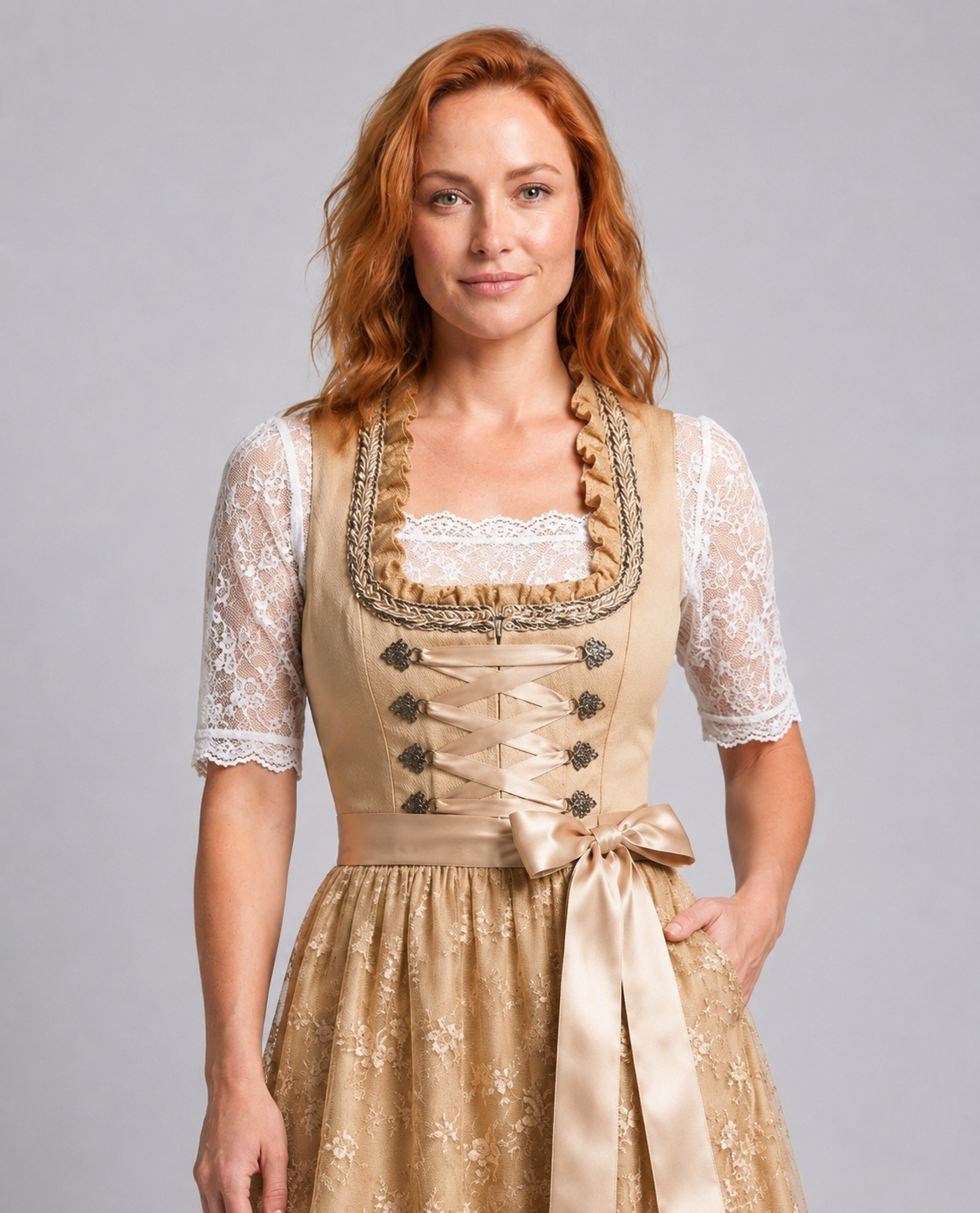 Dame Dirndl Kjole med Snøreliv og Blondebluse