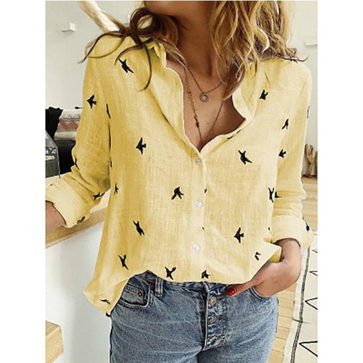 Dame Casual Bluse i Ensfarvet og med Fugleprint