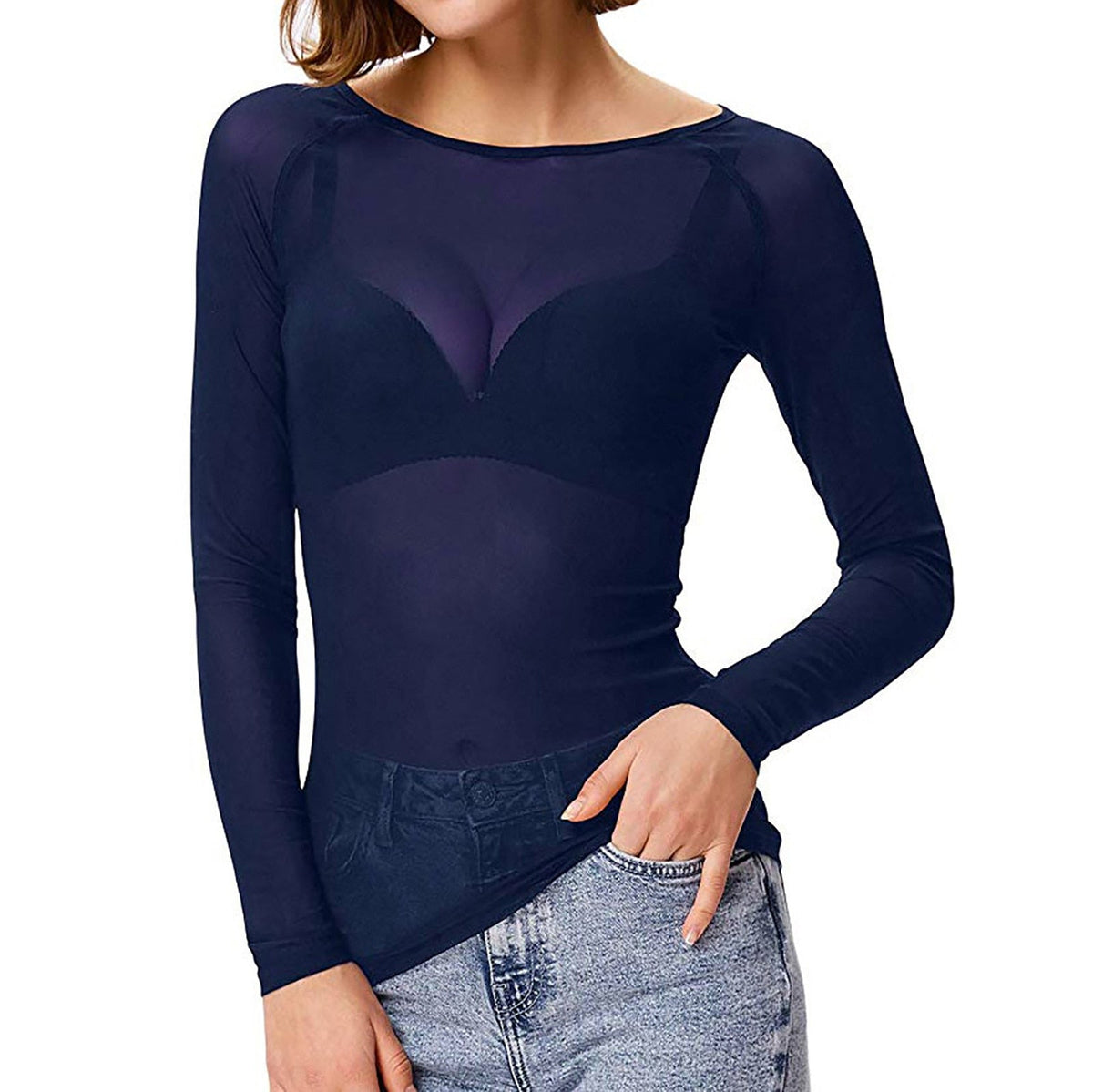 Dame Langærmet Mesh Top til Stilfulde Hverdagsoutfits