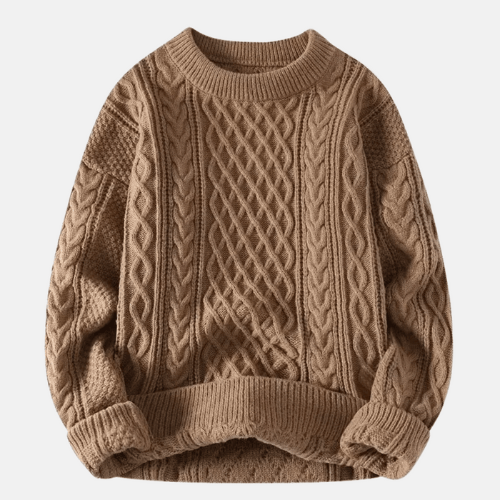 Herre Strikket Sweater med Kabelstrik og Rund Hals
