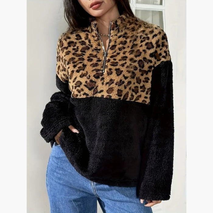 Pull polaire pour femme à demi-zip et imprimé léopard
