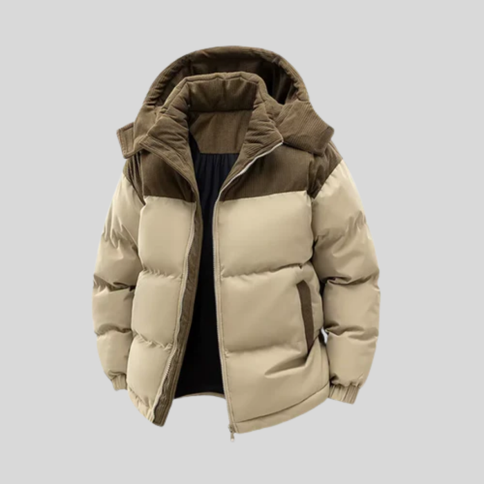 Men's Colorblock Puffer Jacket with Hood and Zipper