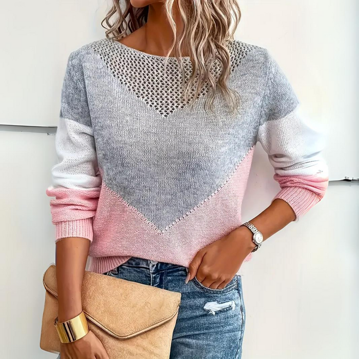 Dame Colorblock Strik Pullover med Åben Mønsterstruktur