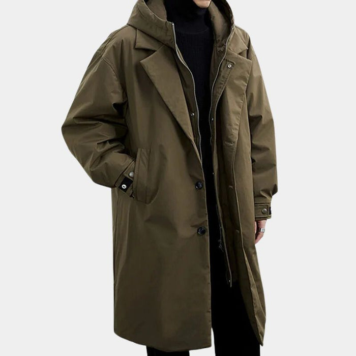 Herren-Trenchcoat mit Kapuze und langem Schnitt