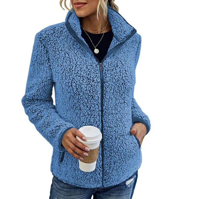 Damen-Teddy-Fleecejacke mit hohem Kragen und Reißverschluss - warm