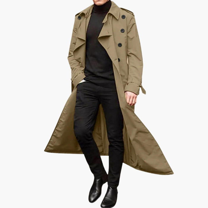Lang trench coat til mænd med bælte og brede revers