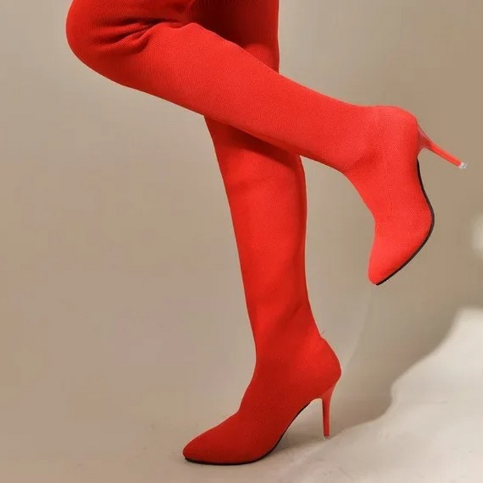Damen-Overknee-Stretchstiefel mit Stilettoabsatz und spitzer Zehenpartie