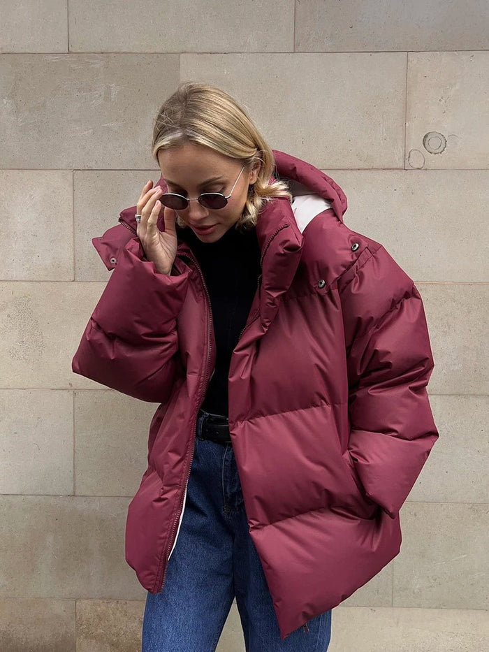 Dame Oversized Pufferjakke med Hætte og Lynlås