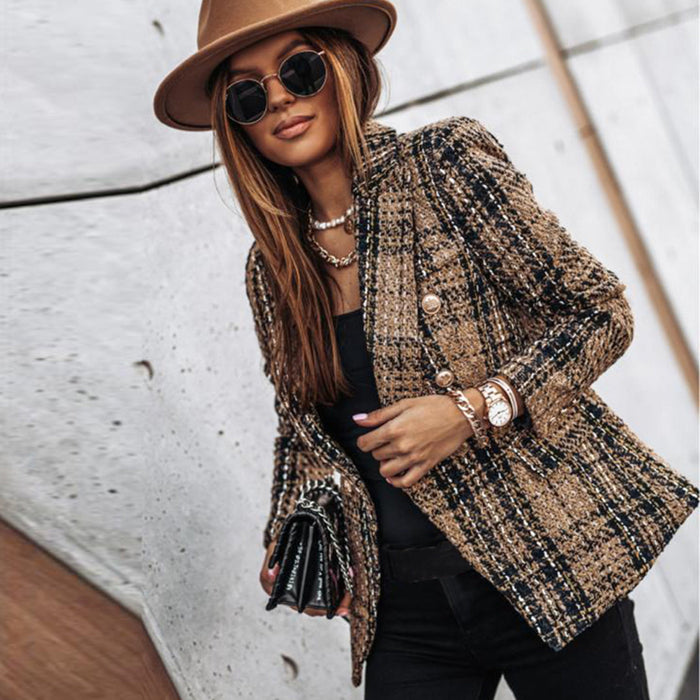 Blazer in tweed a quadri da donna con maniche lunghe