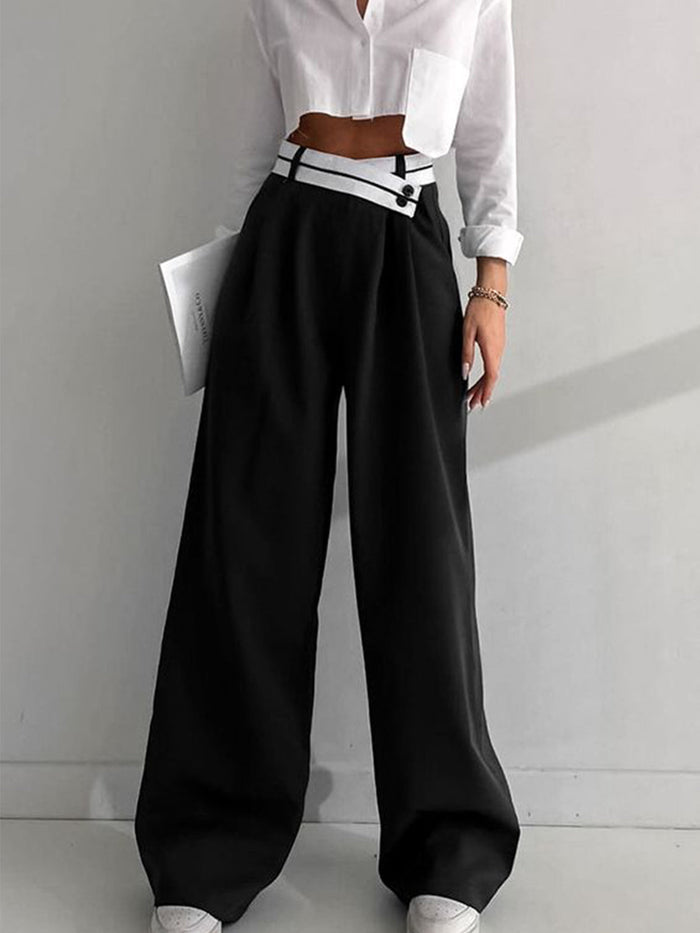 Dame Wide Leg Bukser med Asymmetrisk Kontrastlinning