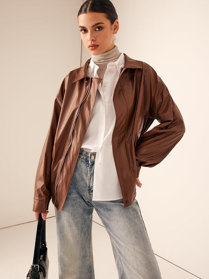 Damen-Lederjacke im Oversized-Schnitt mit Reißverschluss und klassischem Kragen