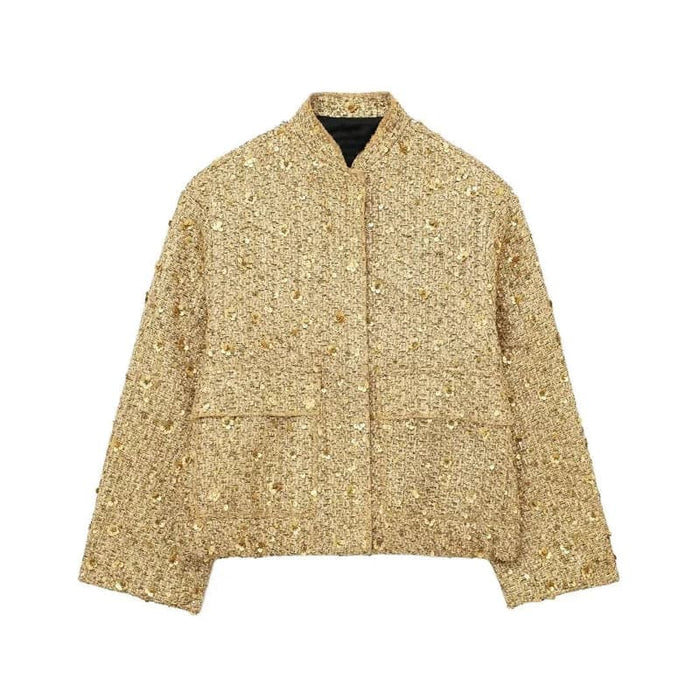 Blazer med paljetter for kvinner med åpen front og strukturerte skuldre til fester og arrangementer