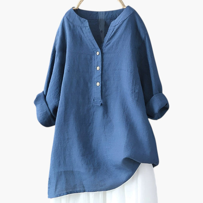 Blusa de lino de mujer con botones y manga larga