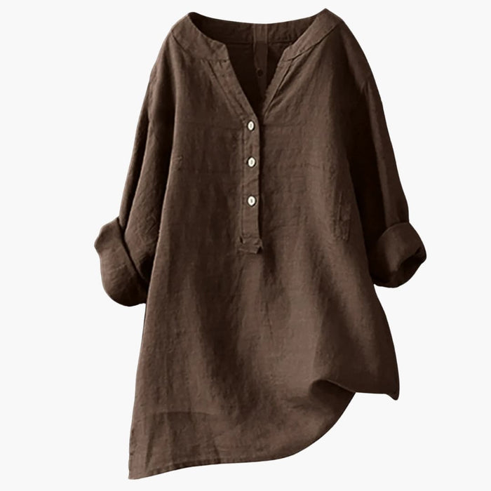 Blusa de lino para mujer con cuello de pico y cierre de botones