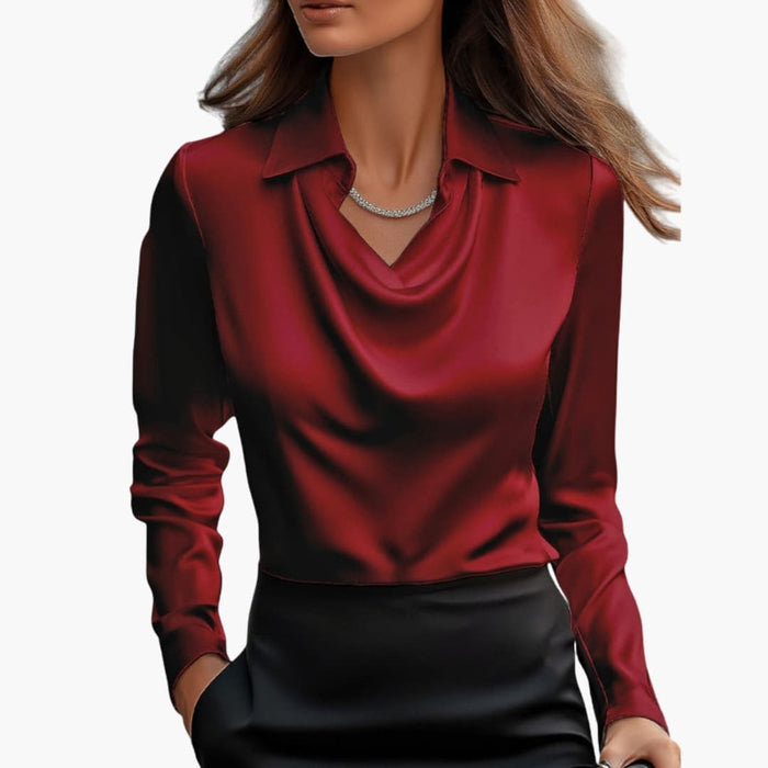 Blusa da donna in raso con colletto drappeggiato e maniche lunghe