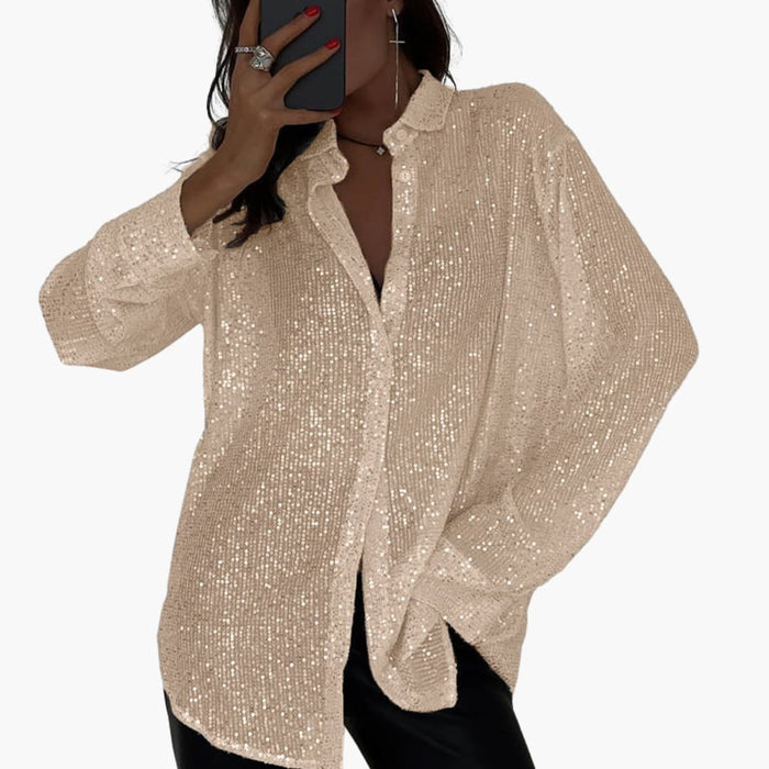 Oversized glitrende bluse til kvinder med lange ærmer og struktureret snit for en chic stil