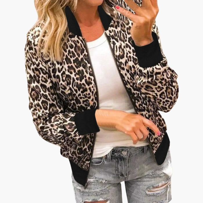 Blouson bomber pour femme avec fermeture éclair et motif léopard