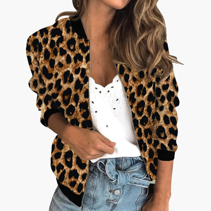 Chaqueta bomber para mujer con estampado animal y cremallera