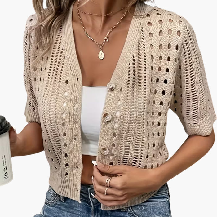 Damen-Cardigan mit Lochstrickmuster und kurzen Ärmeln