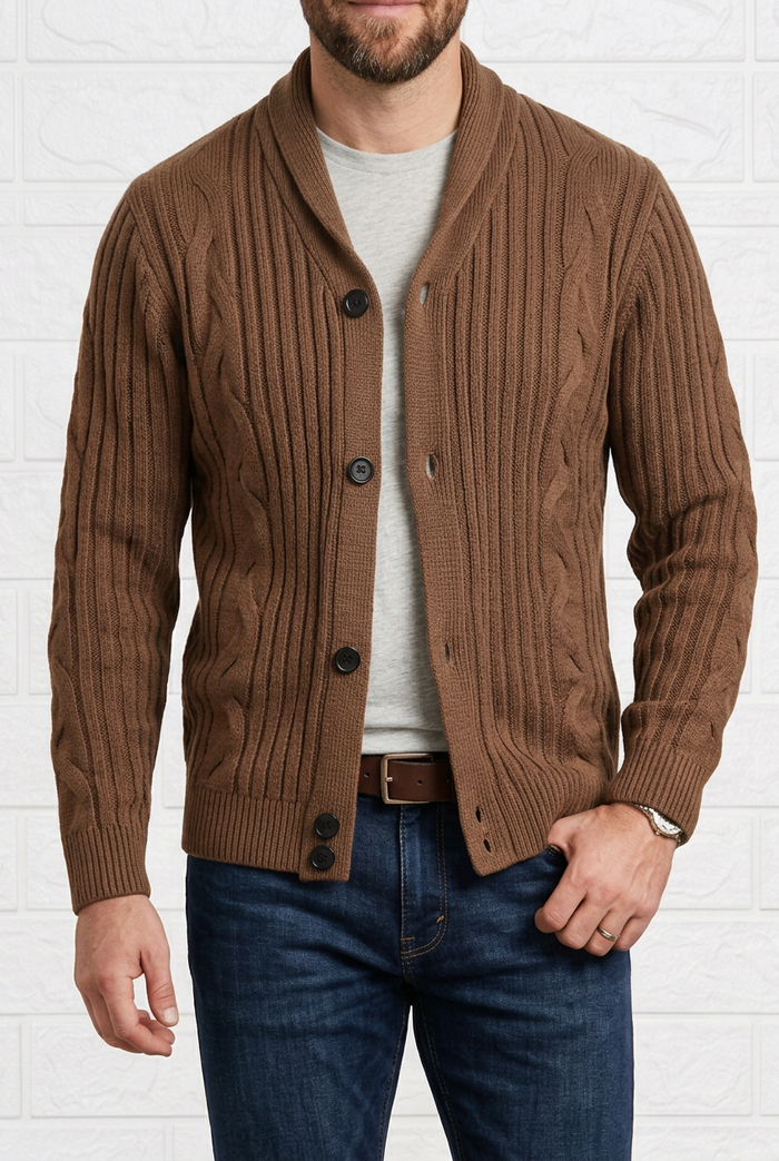 Cárdigan de punto trenzado para hombre, con cuello chal