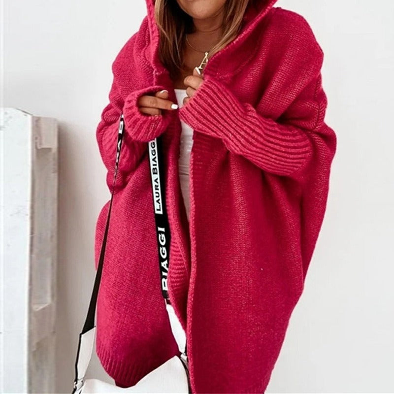 Dame Oversized Cardigan med Hætte og Flagermusærmer