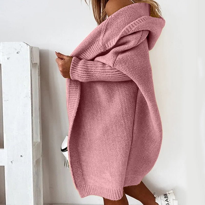 Dame Oversized Cardigan med Hætte og Flagermusærmer