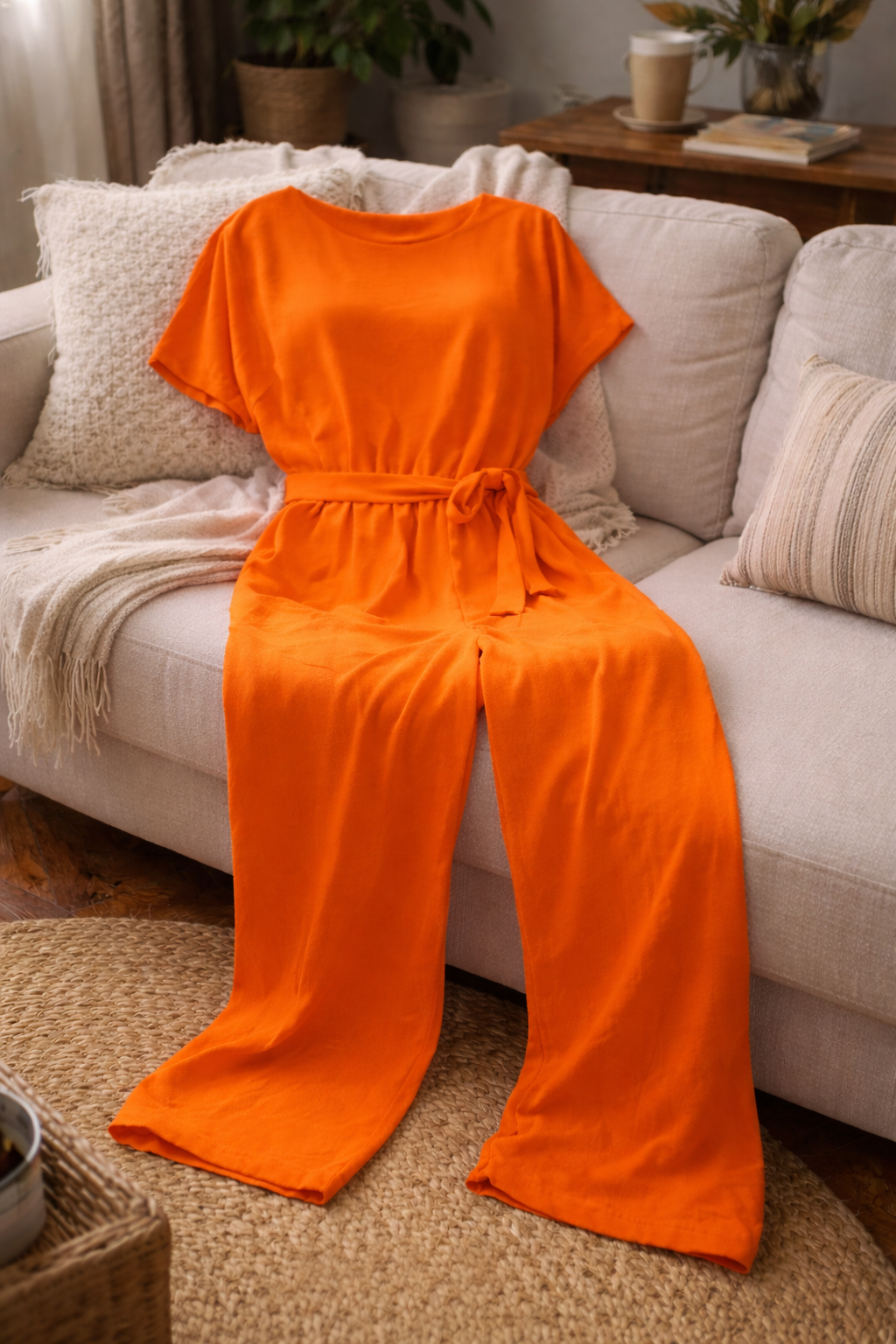 Dame Jumpsuit med Vide Ben, Korte Ærmer og Bindebælte