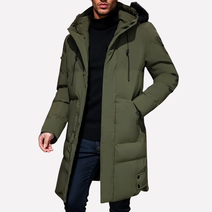 Chaqueta de invierno acolchada para hombre con capucha y corte largo