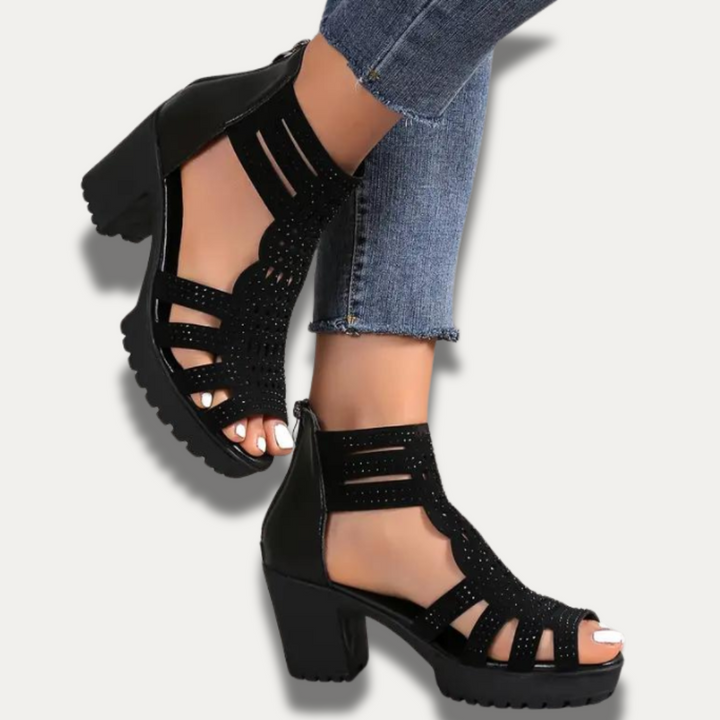 Glitrende sandaler med chunky hæl