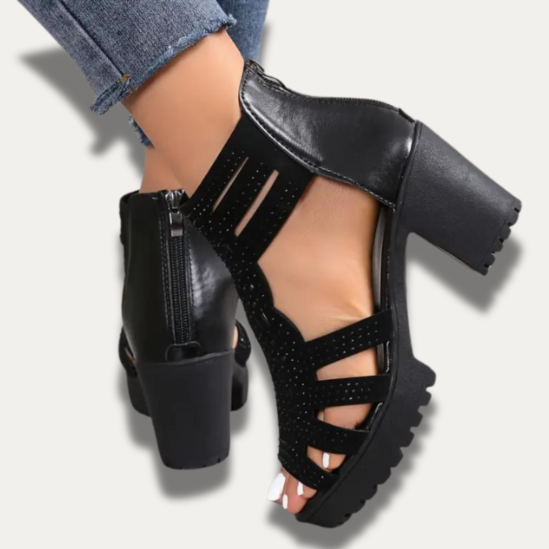 Glitrende sandaler med chunky hæl
