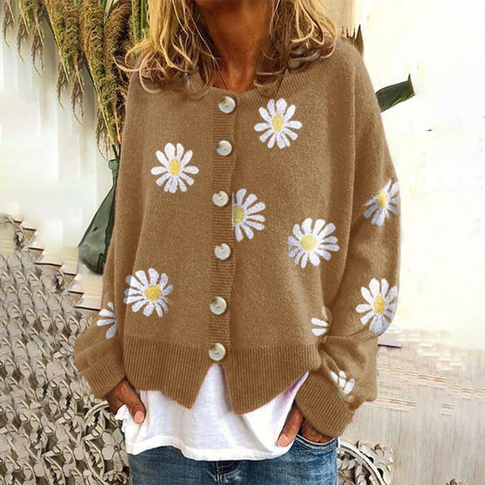 Dame Strikket Cardigan med Margueritbroderi og Knapper