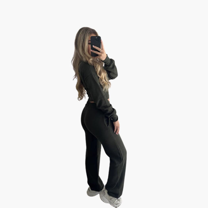 Conjunto deportivo de dos piezas para mujer con chaqueta corta con cremallera y pantalones