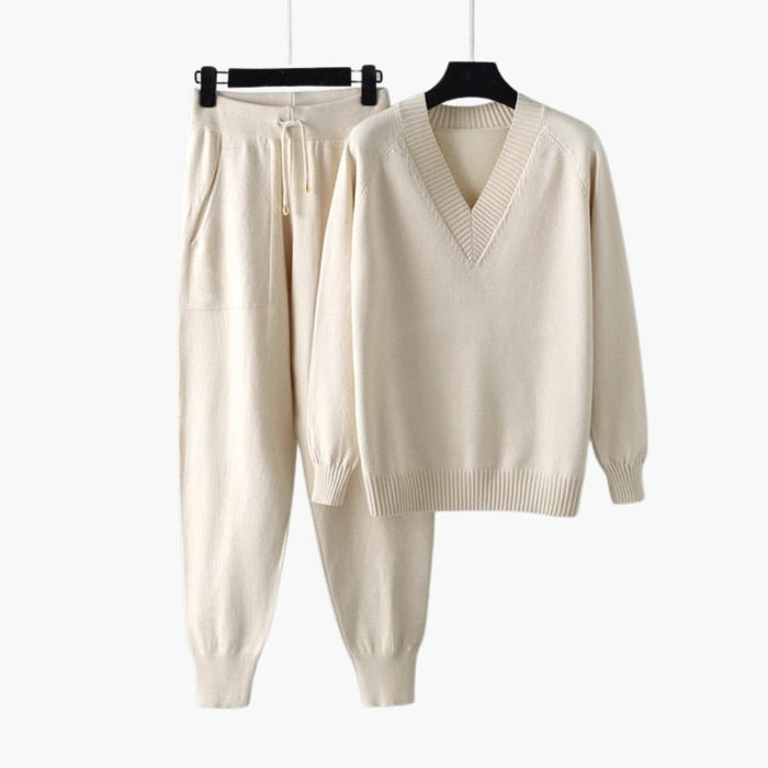 Damen-Strickset zum Entspannen mit V-Ausschnitt und Hose mit elastischem Bund
