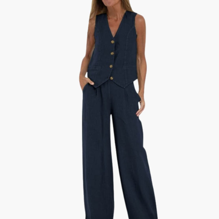 Completo da donna in due pezzi con gilet e pantaloni a gamba larga