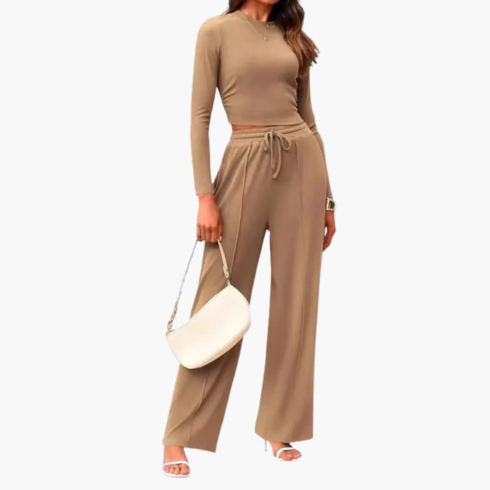 Conjunto para mujer con top de manga larga y pantalones de pierna ancha